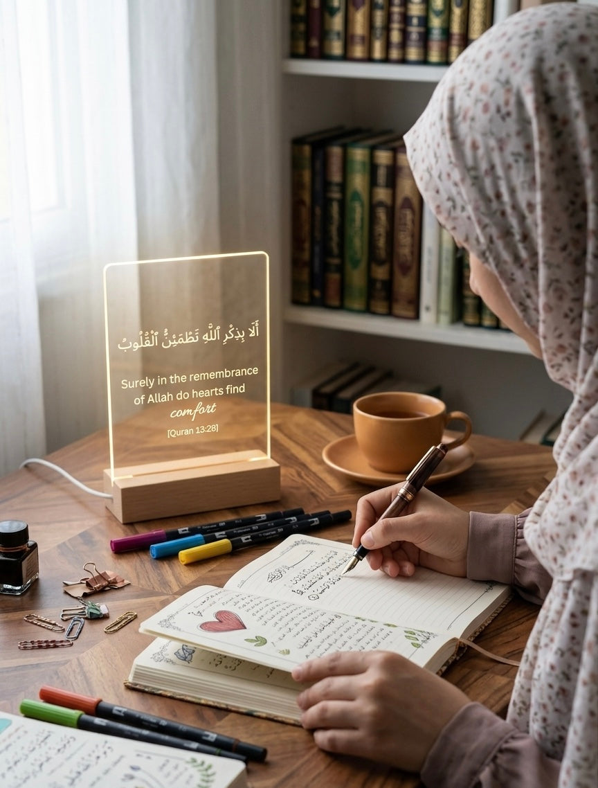 Person writing in a notebook with a lamp displaying Arabic text on a desk.