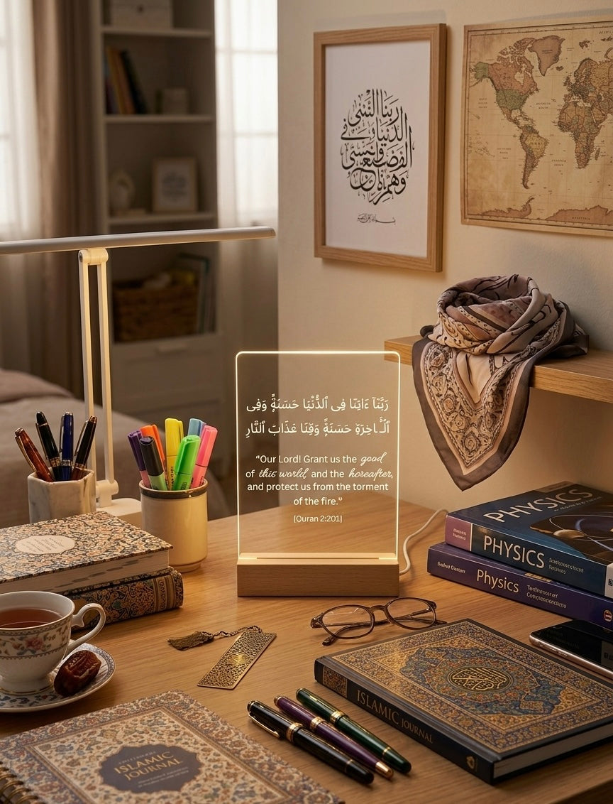 Desk setup with books, pens, a cup of tea, and decorative items in a home office.