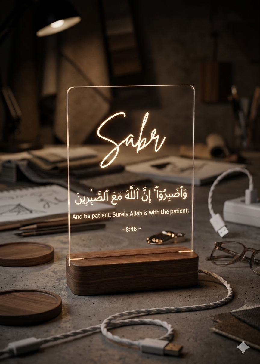 Decorative lamp with 'Sabr' and Arabic text on a wooden base in a dimly lit room.