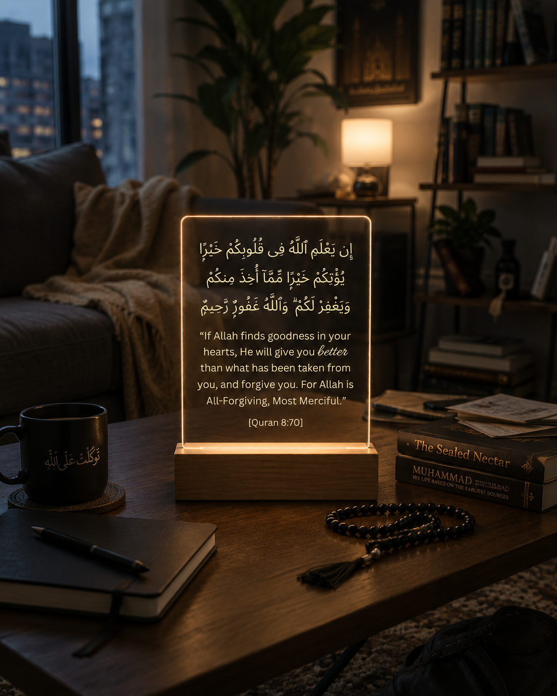 Decorative lamp with Arabic text on a table in a cozy living room.