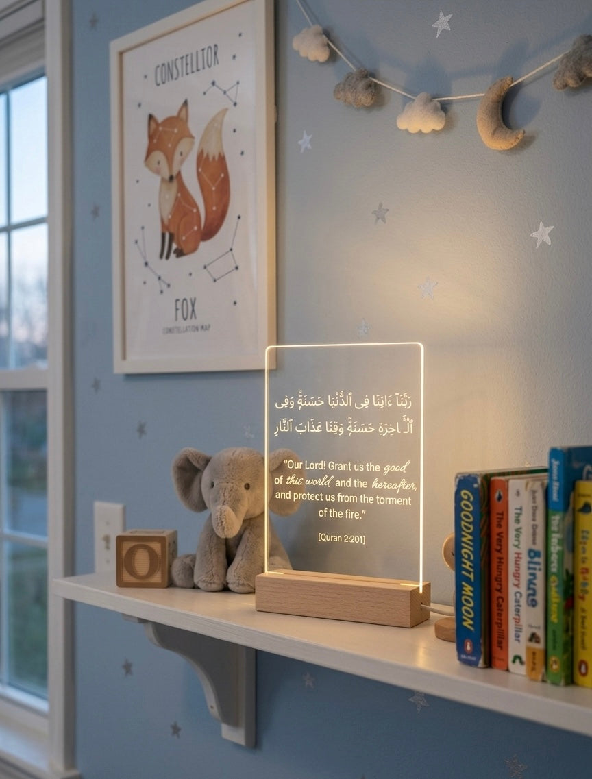 Children's room with a shelf featuring a glowing sign, books, and toys against a blue wall with a fox poster.