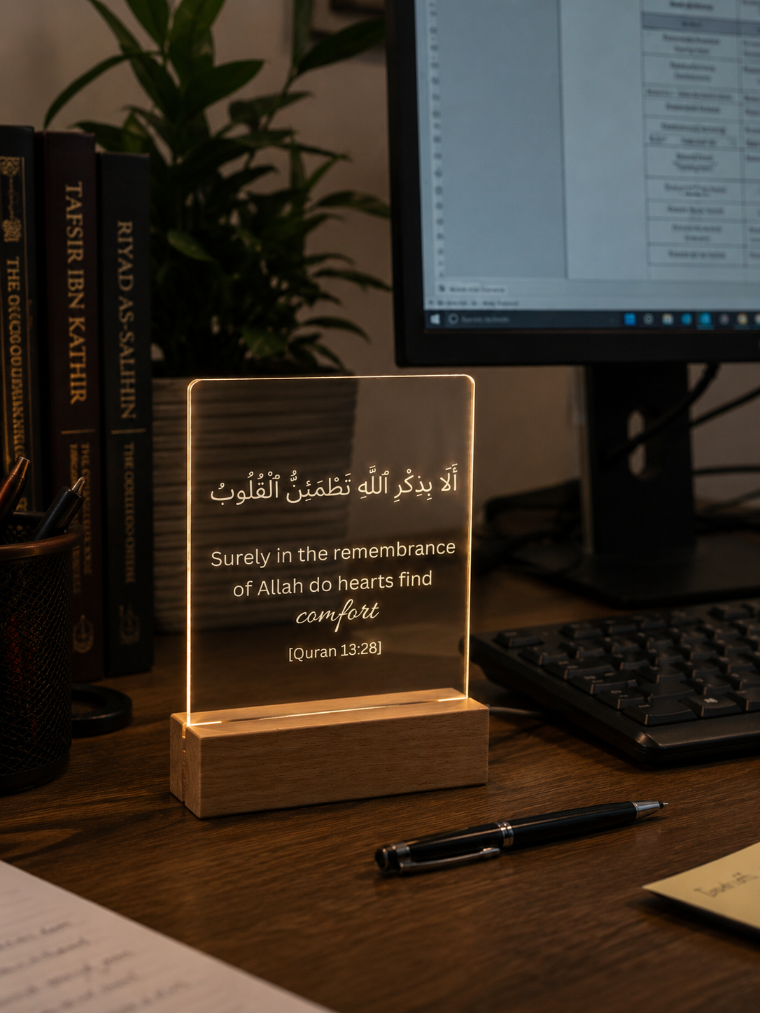 Lamp with Quranic text on a desk next to books and a computer